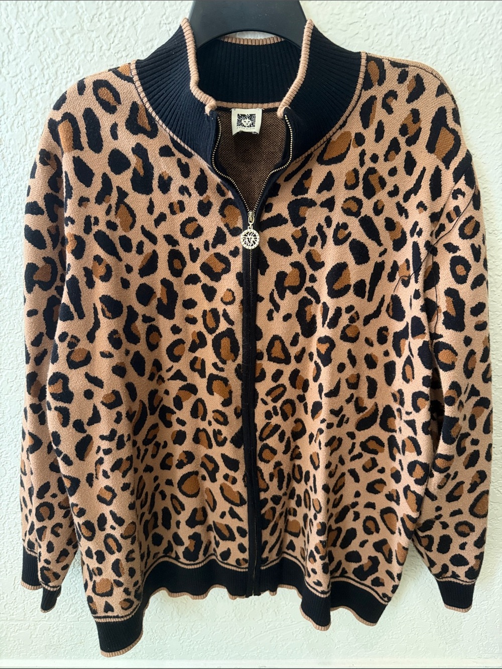 Anne Klein Leopard-Print Zip Bomber Jacket - Black & Tan